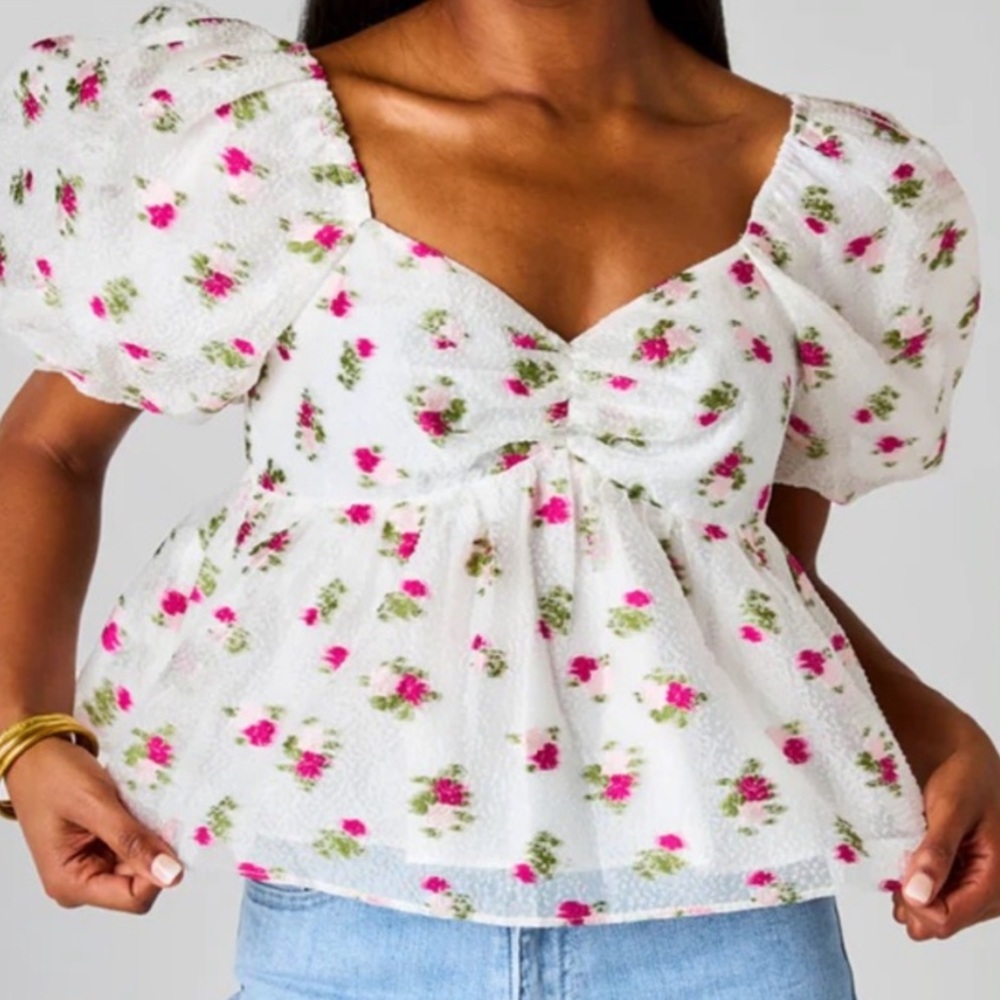 Nwt BuddyLove embroidered rose peplum top buddylove puff sleeve spring t… - Picture 6 of 10